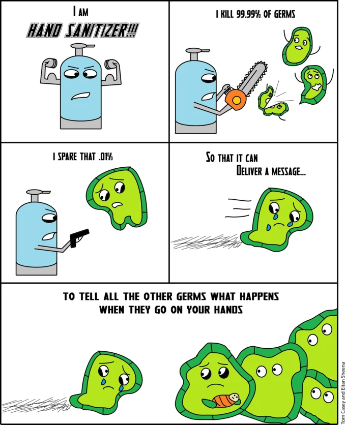 Five-panel comic depicting the sanitizer's deliberate germ conspiracy.