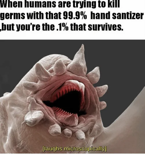 Scientific bacterium image with humorous survival narrative.
