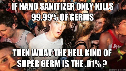 Party scene expressing bewilderment about superhuman germ survival.