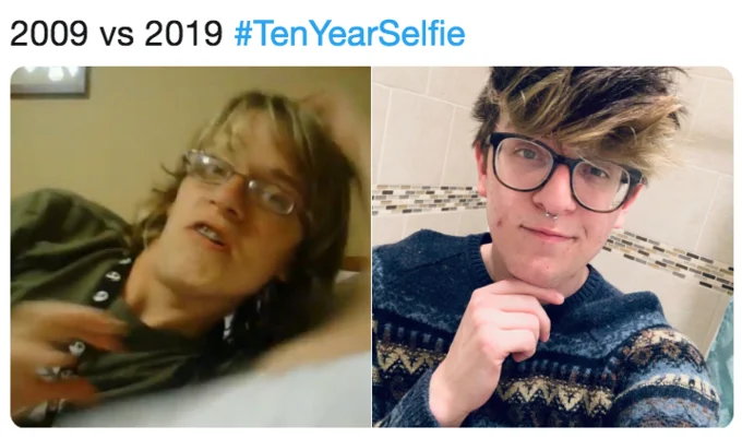Classic 10 Year Challenge selfie showing transformation over a decade.