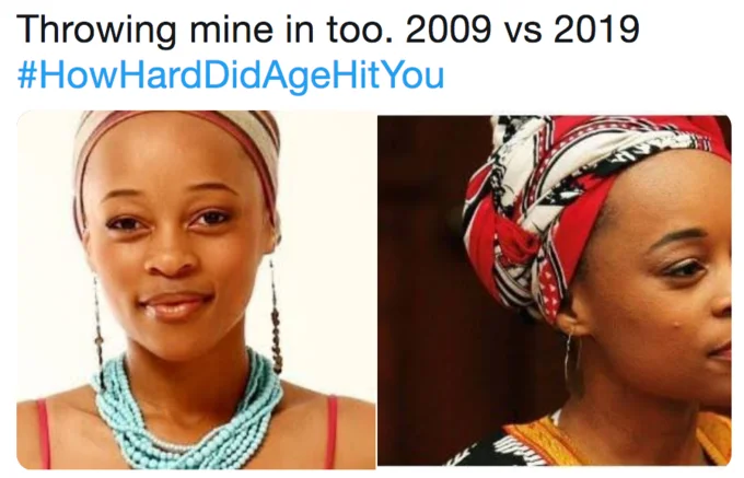 Woman's decade-long transformation with style evolution.