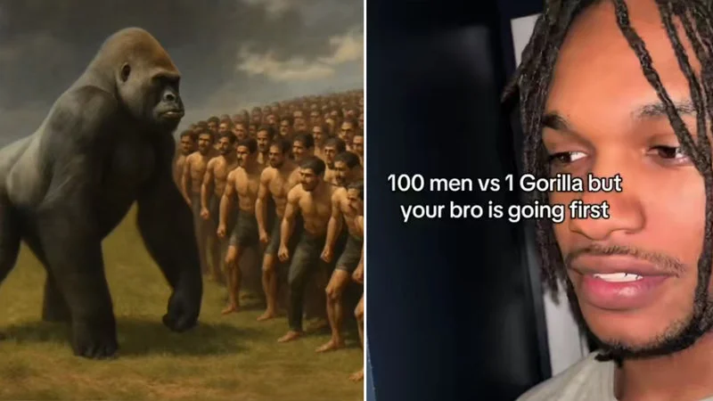 The gorilla matchup with comedic commentary about sacrificing friends.