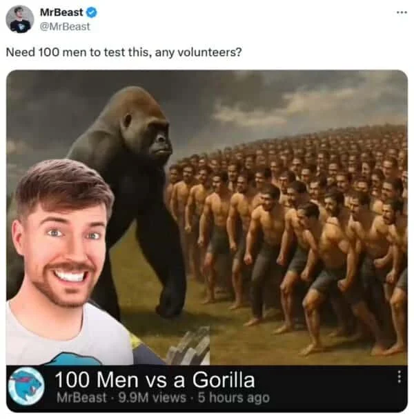 MrBeast's viral tweet kickstarting the 100 Men vs 1 Gorilla debate.