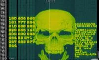 Digital horror: skull imagery with glitchy code effects.