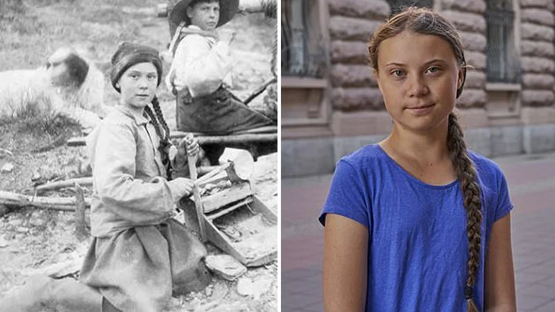 The template: 1898 mining girl versus modern climate activist.