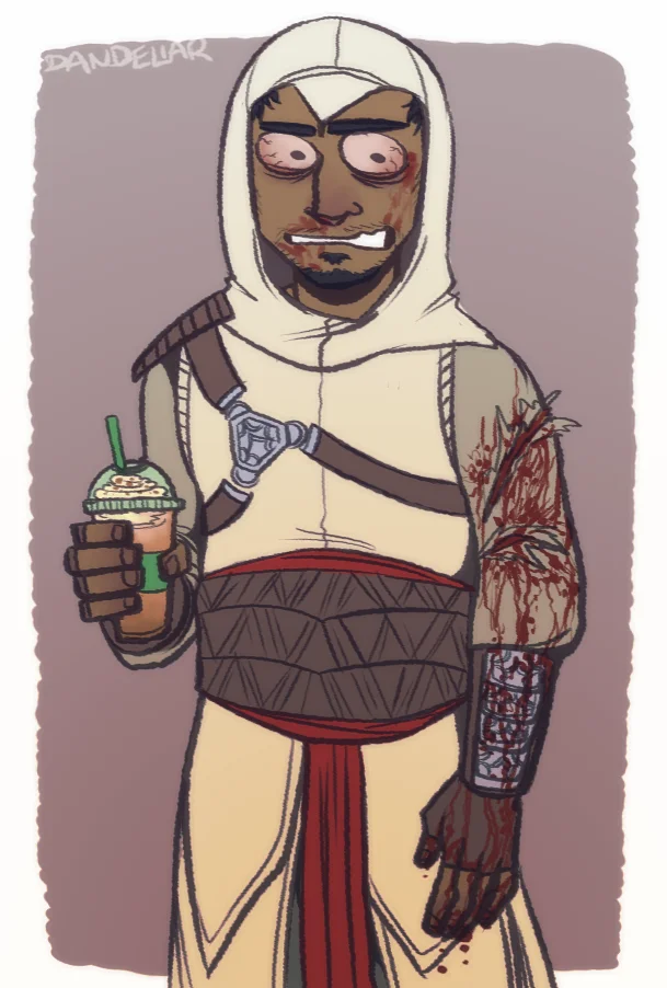 Fantasy contrast: elaborate outfit with modern coffee.