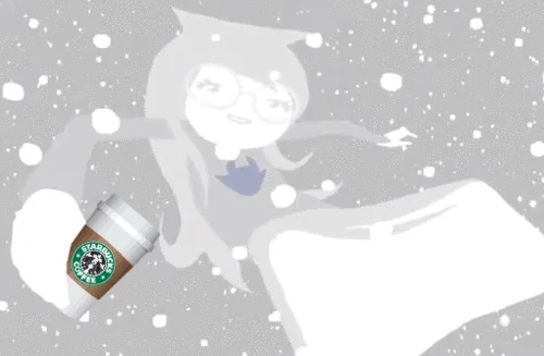 The iconic visual: character with Starbucks cup and effects.