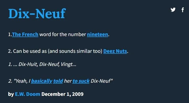 Definition page: explaining the dix-neuf joke origins.