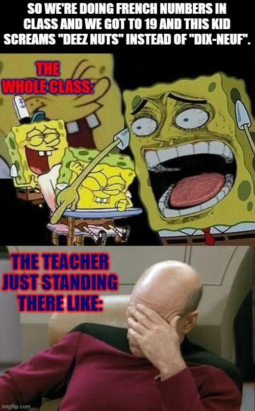 Classroom chaos: the punchline moment with teacher confusion.