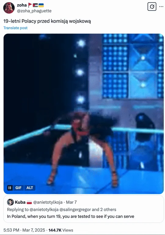 Polish military reference: dancer 'serving' with neon effects.