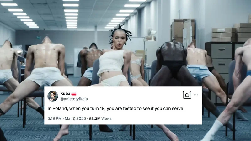 The iconic format: tweet overlaid on pop culture 'serving'.