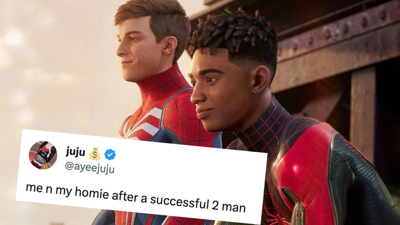 The iconic meme: Spider-Men celebrating success.