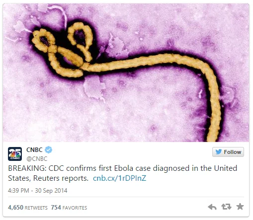CNBC's September 2014 tweet breaking news of the first Ebola case diagnosed in the United States.