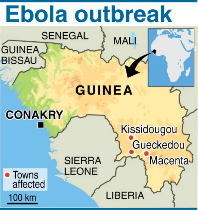 An early 2014 news infographic mapping the initial Ebola outbreak in Guinea, West Africa.