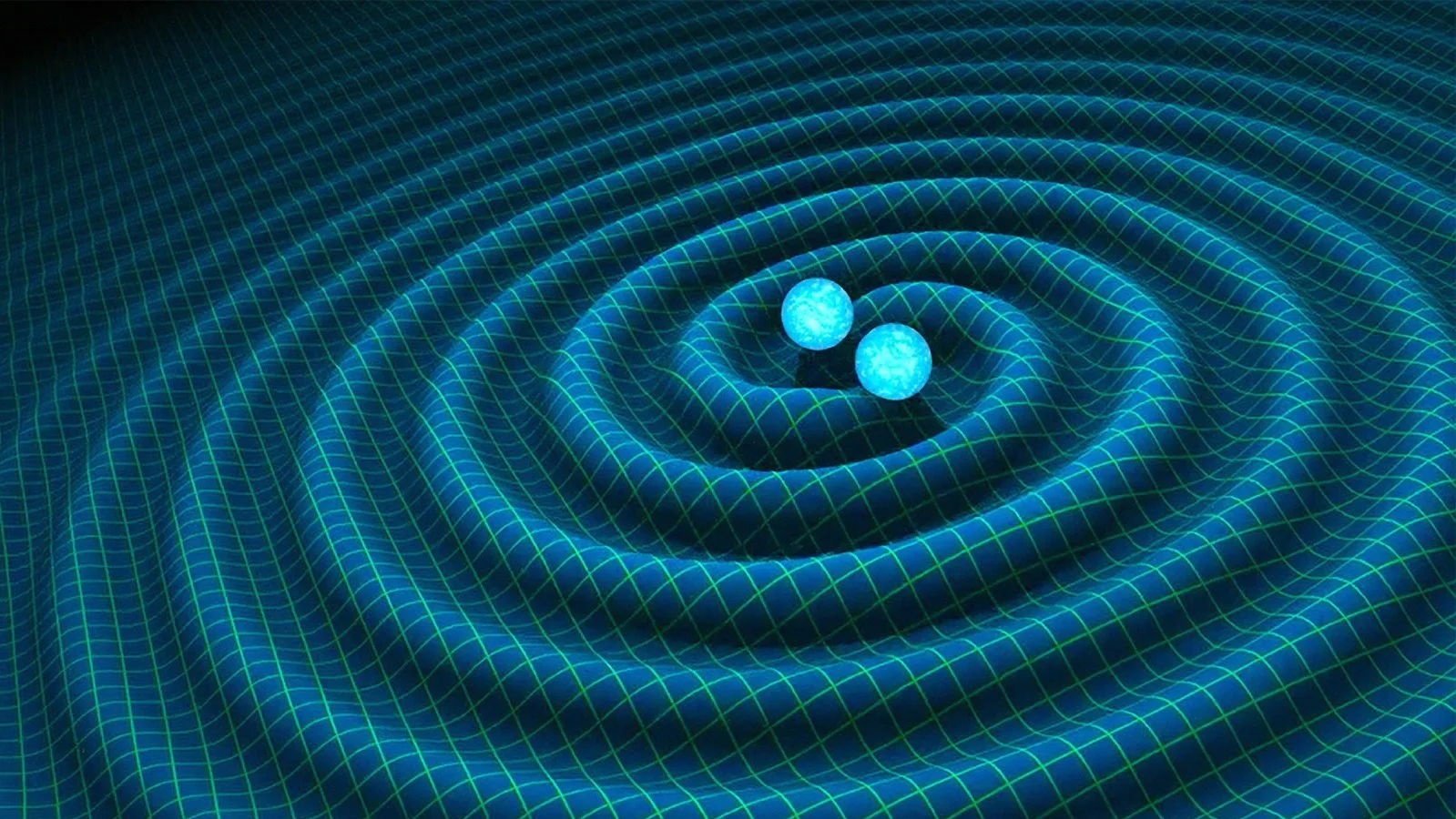 Artistic rendering of gravitational waves produced by a binary system distorting the fabric of spacetime.