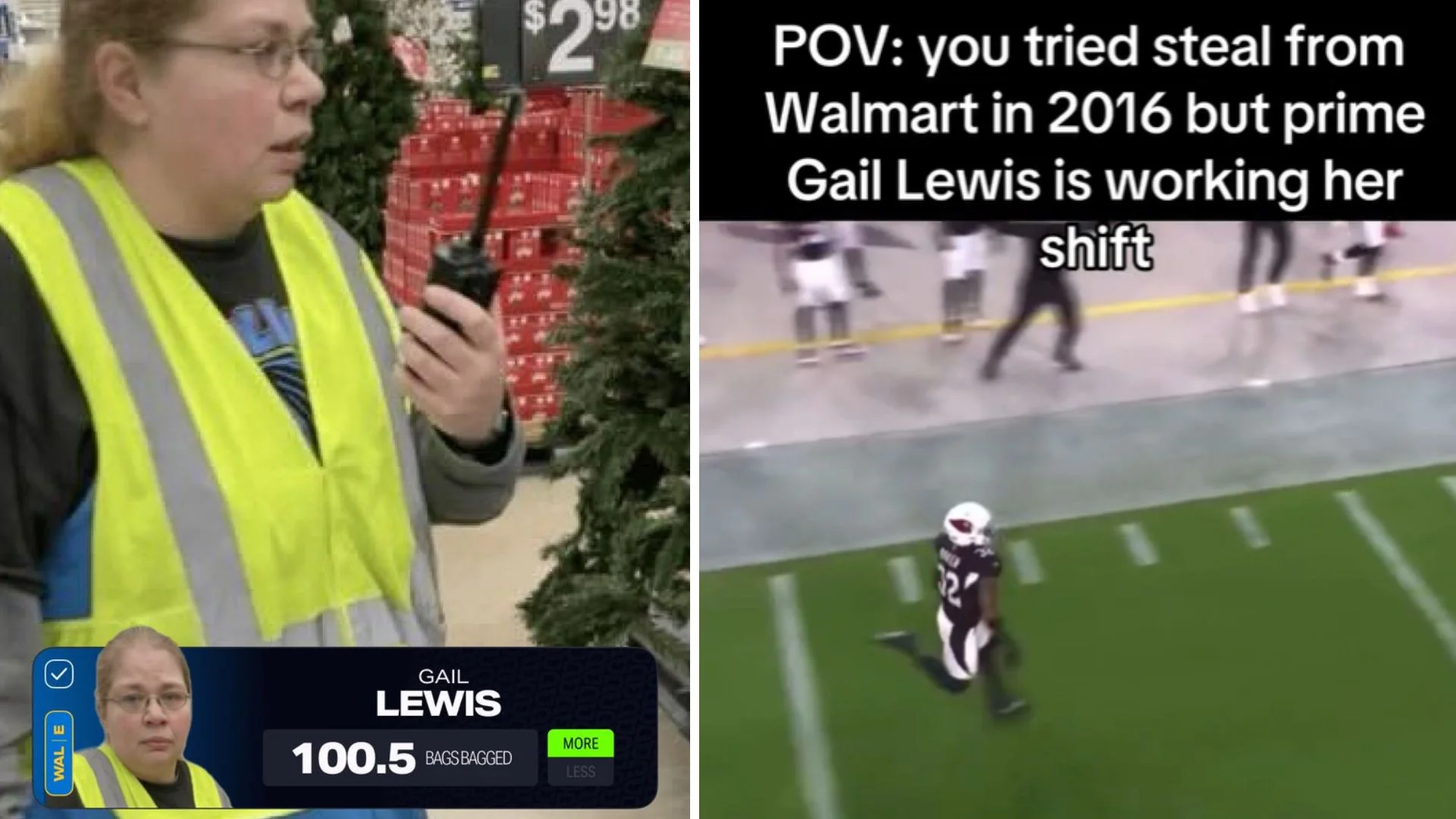 Cover image for the '2016 Prime Gail Lewis' meme, juxtaposing the viral Walmart employee with an NFL chase sequence to imply she would have caught any 2016 shoplifter.