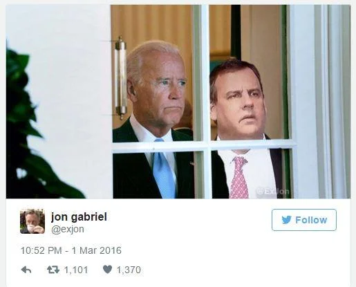 A photoshopped tweet placing Chris Christie's despondent Super Tuesday face alongside Joe Biden, part of the reaction wave to the March 2016 primaries.