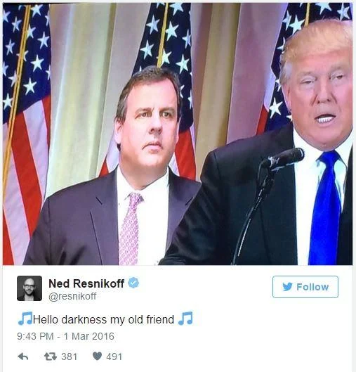 A widely shared tweet mocking Chris Christie's mournful expression while standing behind Donald Trump during a March 2016 press conference.