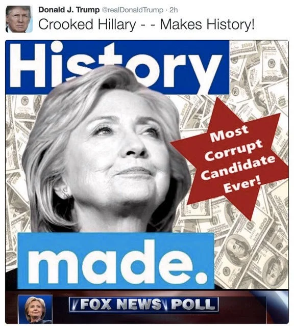 Donald Trump's July 2016 'Crooked Hillary Makes History' tweet, whose original graphic drew criticism after the star was compared to an antisemitic image.