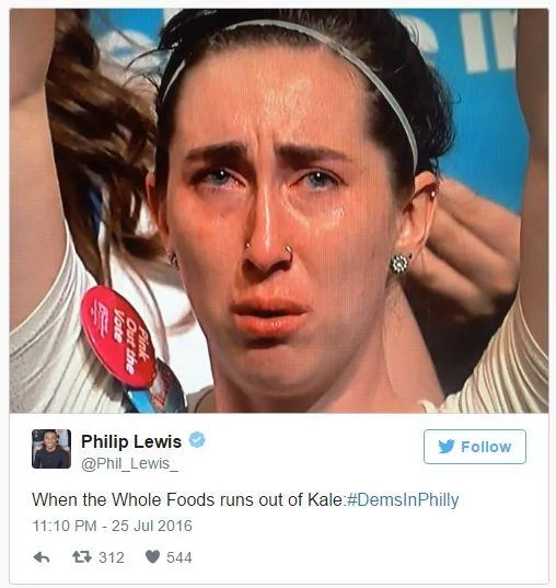 A viral 'Sad Bernie Girl' tweet from the July 2016 Democratic National Convention in Philadelphia, mocking Sanders supporters upset by the nomination outcome.