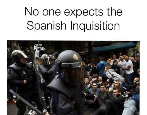 A Monty Python-inspired meme mocks the Spanish police crackdown on voters during the referendum.