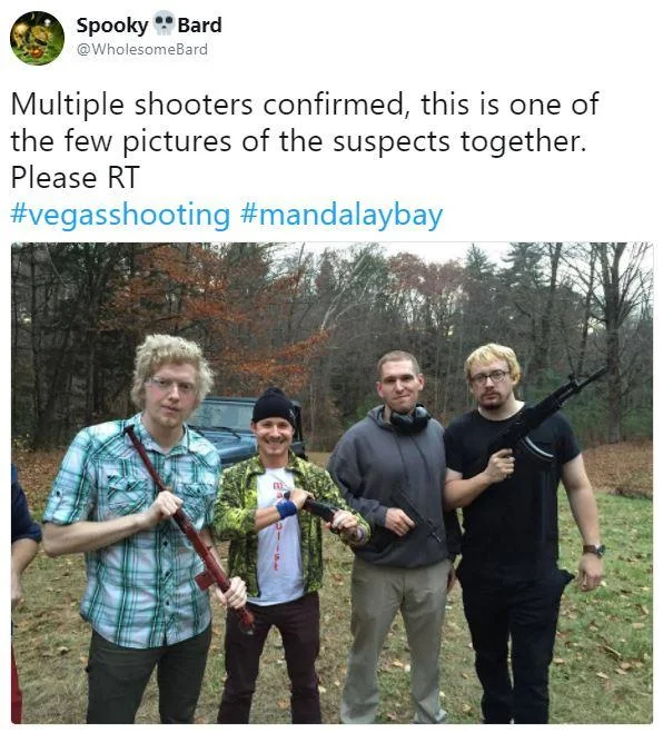 A viral hoax tweet posted during the confusion after the shooting, using a well-known internet meme portrait to fake a missing-person plea.