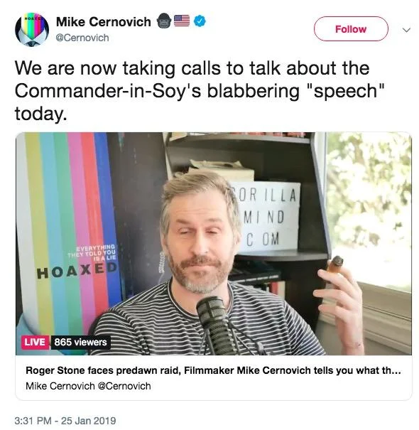Right-wing commentator Mike Cernovich reacts on Twitter to Trump's speech ending the shutdown, calling him 'Commander-in-Soy.'