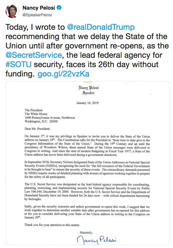 Speaker Nancy Pelosi's January 2019 letter to President Trump requesting a delay of the State of the Union until after the shutdown ended.