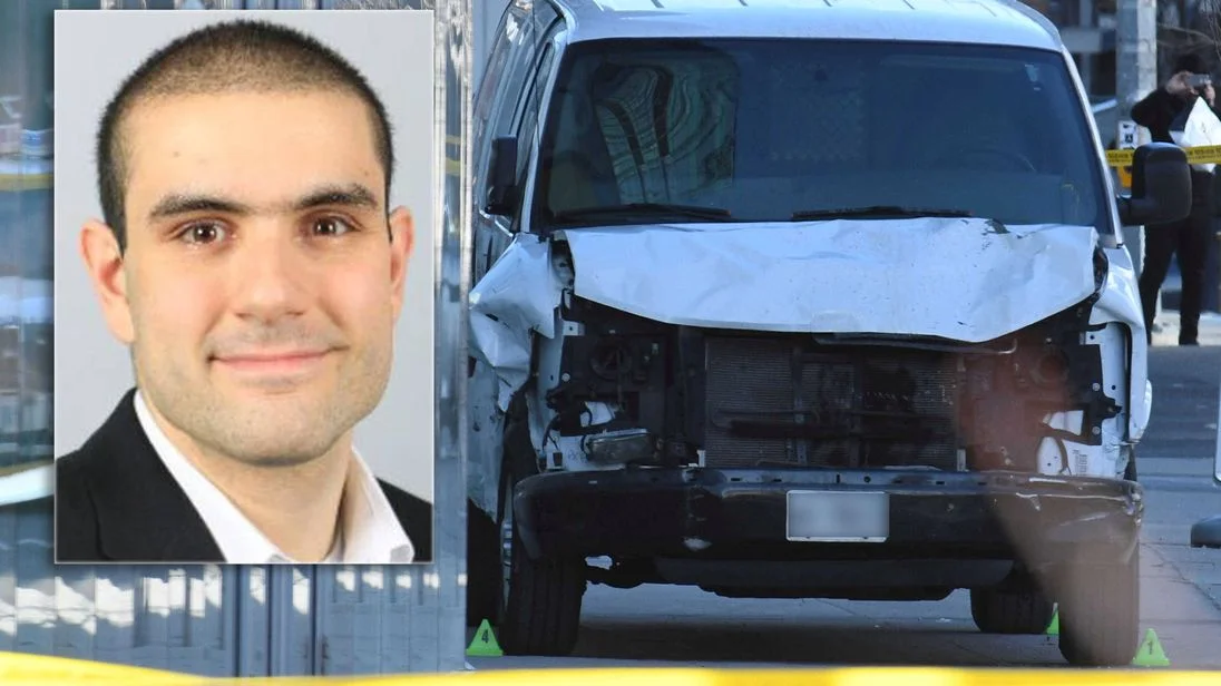 Sky News composite showing suspect Alek Minassian and the damaged white van used in the 2018 Toronto van attack.