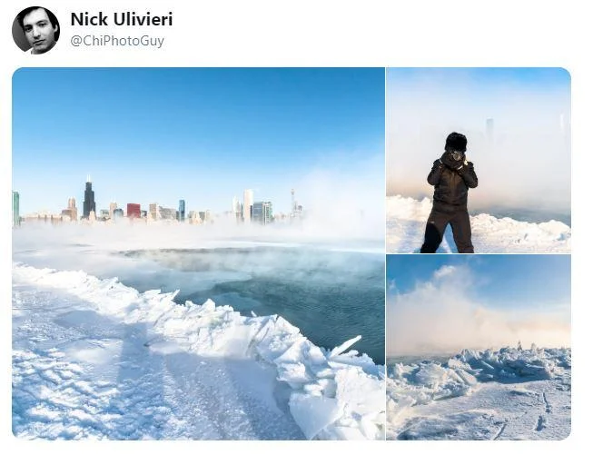 Photographer Nick Ulivieri's tweet documenting the frozen Chicago lakefront and skyline enveloped in mist during the 2019 polar vortex.