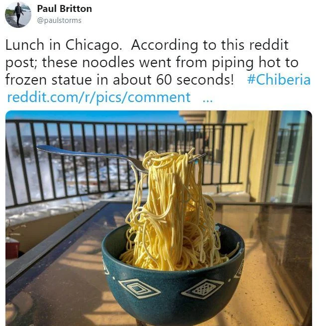 A viral Chiberia tweet showing a bowl of noodles that reportedly froze into a solid sculpture within 60 seconds during the 2019 polar vortex.