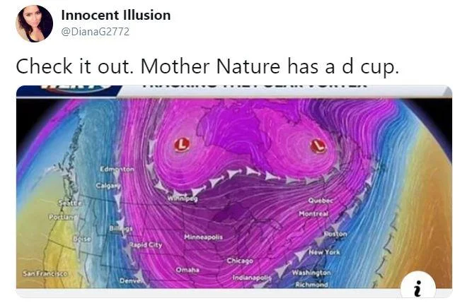 Another viral joke tweet playing on the perceived suggestive shape of the WLKY polar vortex map during the 2019 cold wave.