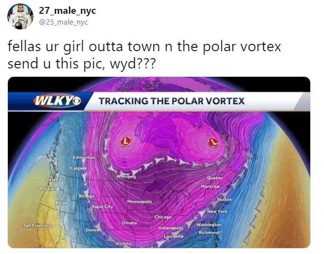 A viral tweet joking that the WLKY polar vortex weather map's shape resembled a suggestive photo, one of many memes born from the storm's coverage.