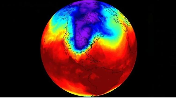 A temperature visualization of the 2019 polar vortex as it plunged Arctic air deep into the North American continent.