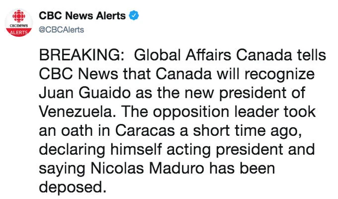 CBC News Alerts breaking news that Canada joined the international coalition recognizing Guaidó as Venezuela's president.