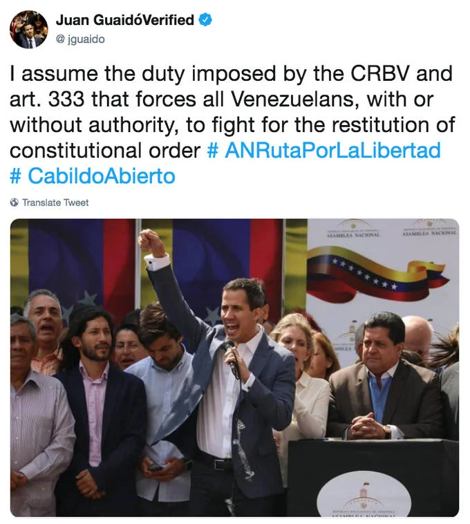 Juan Guaidó's tweet invoking Article 333 of the Venezuelan constitution as he declared himself interim president.