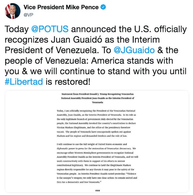 Vice President Mike Pence's tweet announcing the U.S. government's official recognition of Juan Guaidó as Interim President.