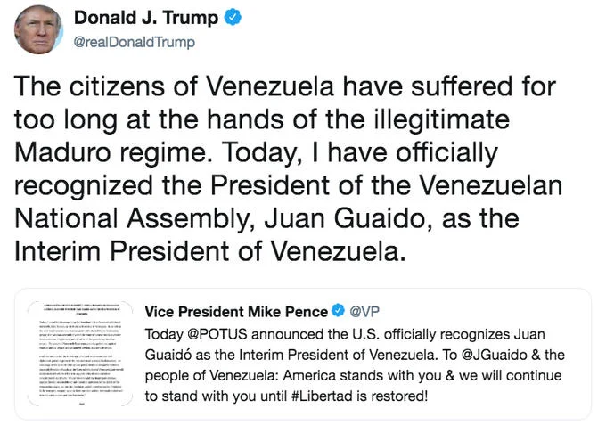 President Trump's tweet officially recognizing Juan Guaidó as Venezuela's Interim President amid the crisis.