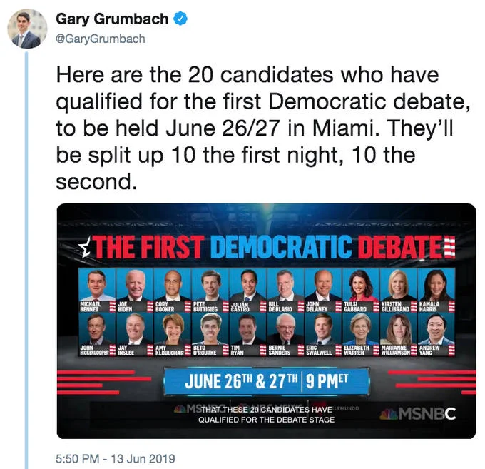 MSNBC's lineup graphic showing the 20 candidates who qualified for the first Democratic primary debate in Miami, June 2019.