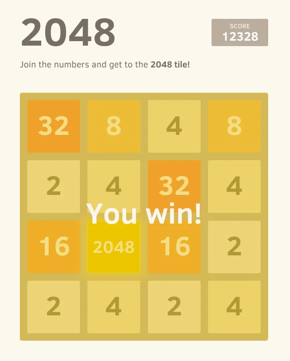 The winning screen of the original 2048 browser game by Gabriele Cirulli, showing the coveted 2048 tile.