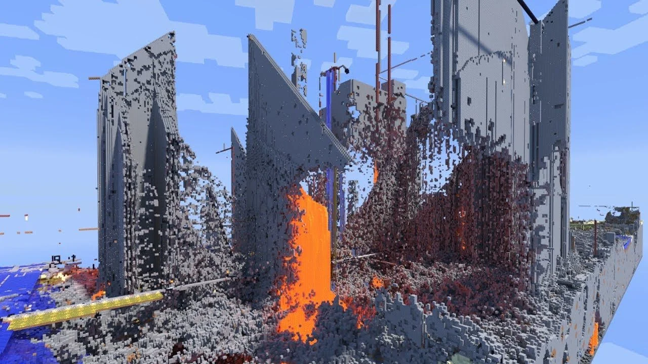 The chaotic, griefed terrain surrounding spawn on the anarchy Minecraft server 2b2t, one of the oldest running servers.