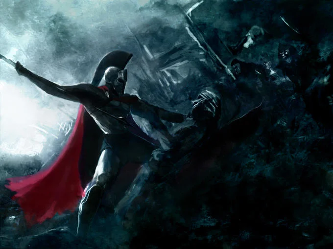 Stylized fan artwork inspired by the visual aesthetic of '300', depicting a lone Spartan in combat.