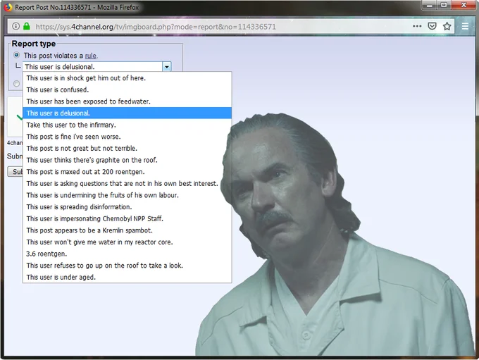 A 4chan report post joke reworking the site's moderation dropdown into Chernobyl-inspired denial lines.