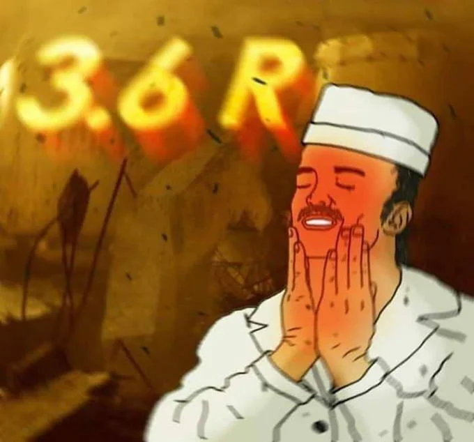 A stylized cartoon reimagining of the Chernobyl worker gleefully facing the 3.6 roentgen readout.