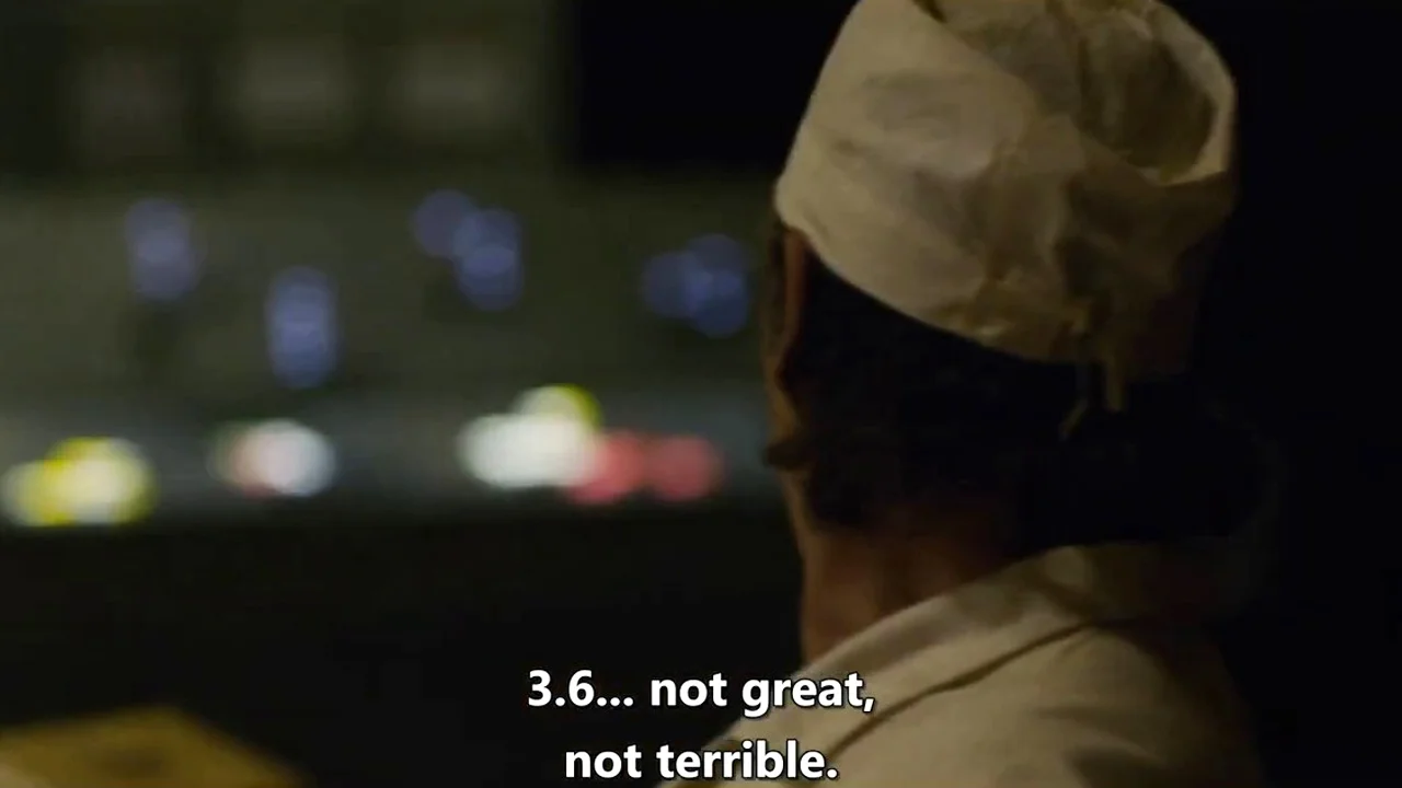 The origin scene from HBO's Chernobyl (2019) featuring the now-iconic '3.6 Roentgen: Not Great, Not Terrible' line.