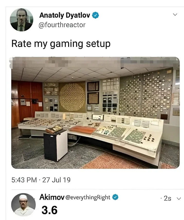 A fake tweet framing the Chernobyl control room as Dyatlov's 'gaming setup,' with Akimov rating it '3.6.'