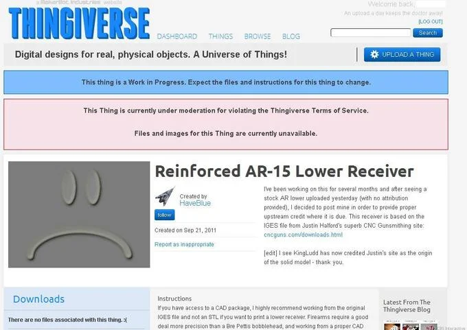 Thingiverse's takedown notice for a 3D-printable AR-15 lower receiver, part of the controversy around printing firearm components.