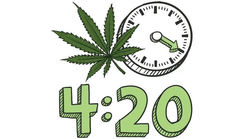 The iconic '4:20' symbol paired with a cannabis leaf and clock, representing the meme's association with cannabis culture.