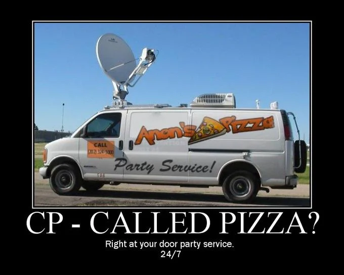 A '4chan Party Van' variant reimagining the FBI vehicle as 'Anon's Pizza' delivery — a dark inside joke referencing 4chan slang.