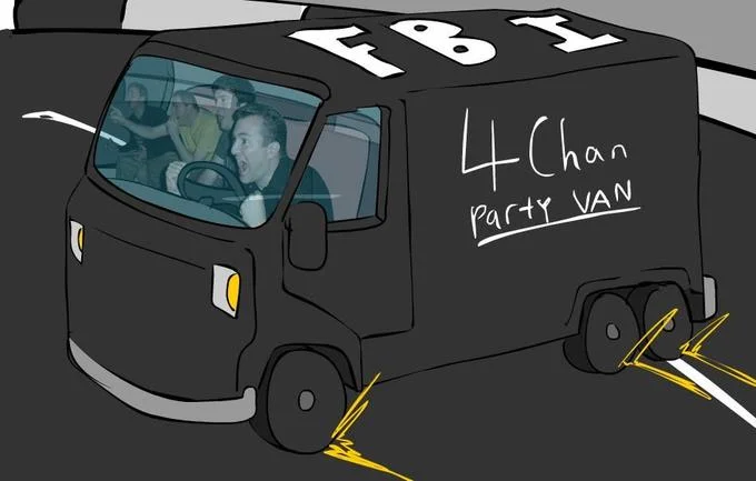 A cartoon rendering of the '4chan Party Van' — a stylized FBI vehicle in mid-response, agents visible through the windshield.